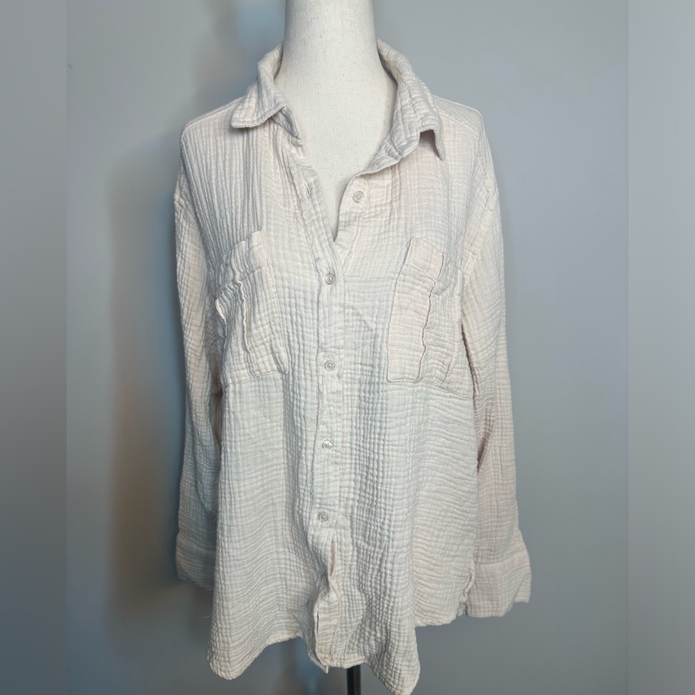 Sz L Fashion Nova cream bone gauze long sleeve button front shirt top